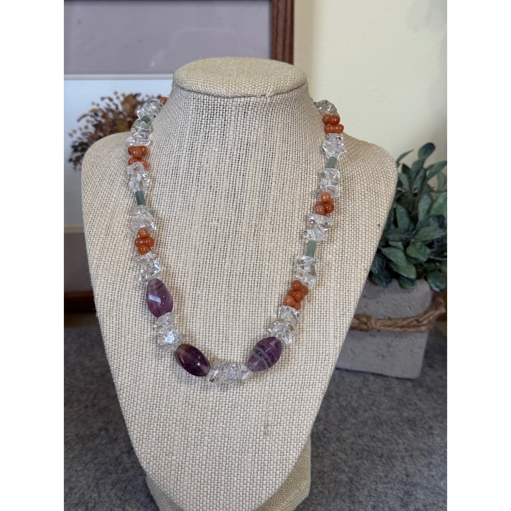 Natural Gemstone Necklace Clear Quartz Purple Fluorite Carnelian Boho 18in